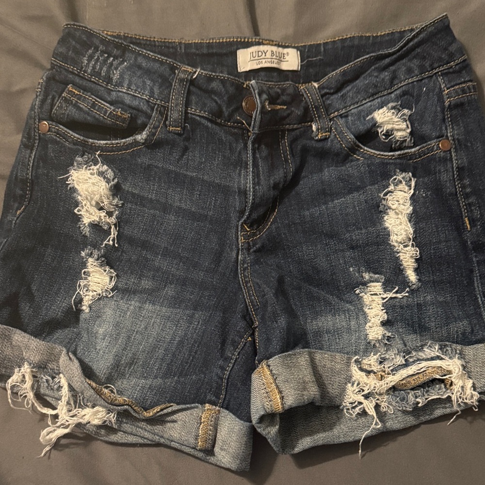 Judy Blue Dark Blue Distressed Rolled Cuff Denim Shorts